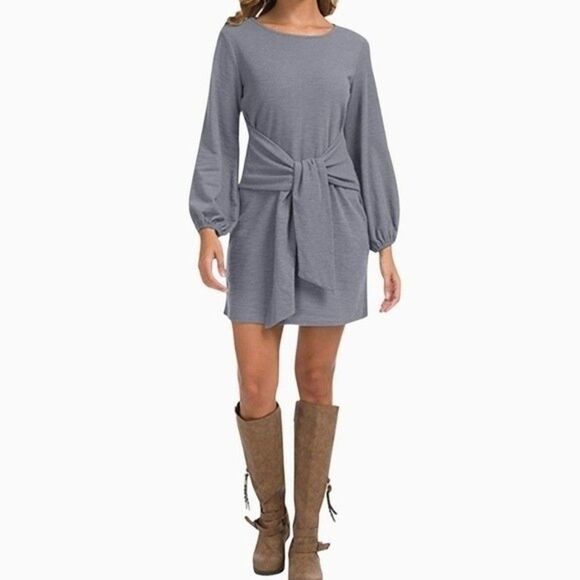 R Vivimos Gray Elegant Boho Vintage Tie Waist Mini Club Evening Party Dress M - Picture 9 of 11